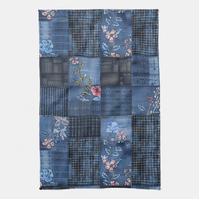 Paño De Cocina Patrón de patchwork floral índigo | Denim boho (Vertical)