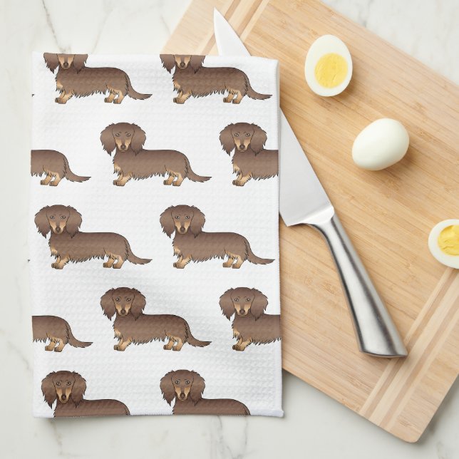 Paño De Cocina Patrón de perro Dachshund de pelo largo de chocola (Doblado Cuarto)