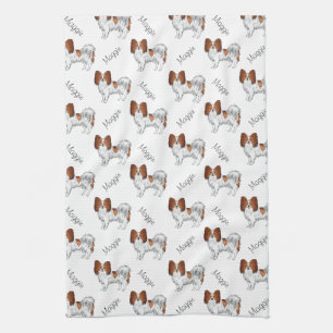 Paño De Cocina Patrón de perro Papillon rojo y blanco con nombre