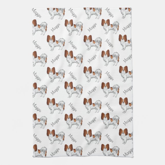 Paño De Cocina Patrón de perro Papillon rojo y blanco con nombre (Vertical)