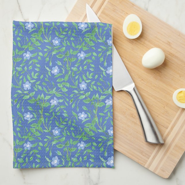 Paño De Cocina Patrón de perwinkle floral verde azul de estilo ca (Doblado Cuarto)