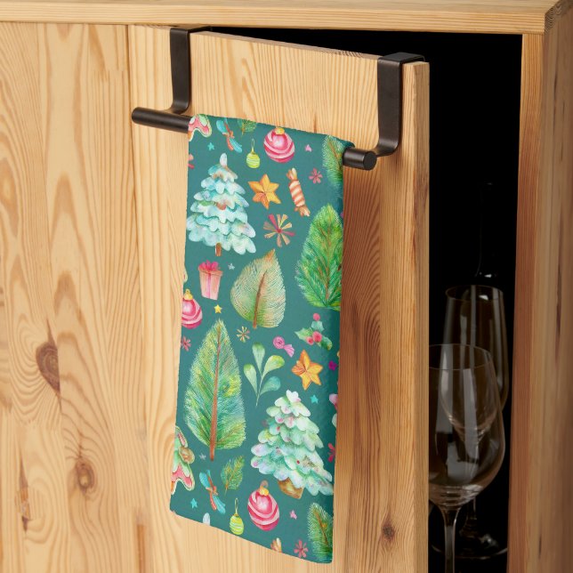 Paño De Cocina Patrón de pinos navidades (Pliegue de tercios)