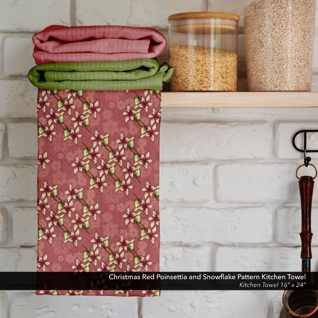 Paño De Cocina Patrón de Poinsettia Roja y Copo de Nieve navidade (Christmas Red Poinsettia and Snowflake Patterned Kitchen Towel - Size: 16" x 24")
