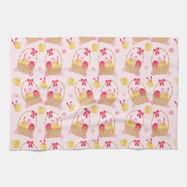 Paño De Cocina Patrón de pollitos de Pascua rosa (Horizontal)