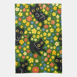 Paño De Cocina Patrón de prado floral con gatos negros lindos