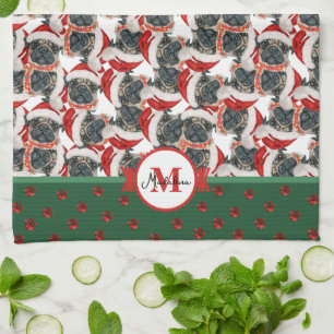 Paño De Cocina Patrón de Pug Monograma Navidad Perro