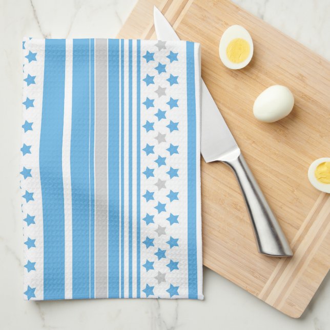 Paño De Cocina Patrón de rayas azul cielo con estrellas (Doblado Cuarto)
