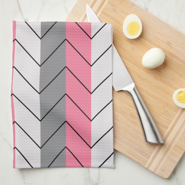 Paño De Cocina Patrón de rayas de chevron rosado negro (Doblado Cuarto)