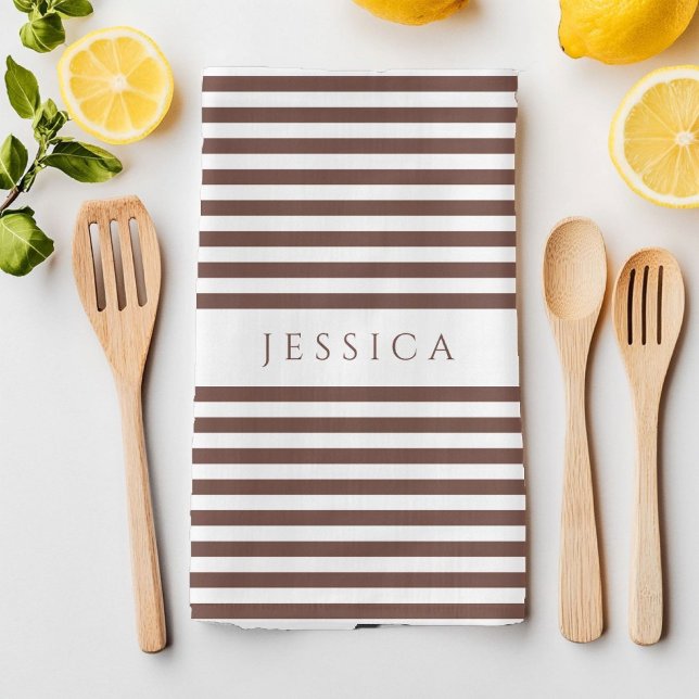 Paño De Cocina Patrón de rayas marrones personalizadas (Personalized Brown Stripes Pattern Kitchen Towel)