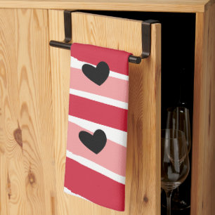 Paño De Cocina Patrón de rayas rosadas rojas acuarela corazones n