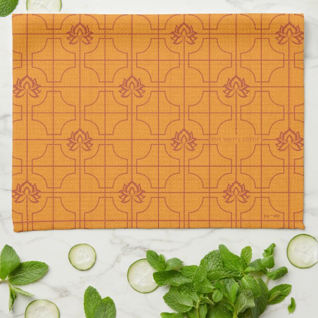 Paño De Cocina Patrón de rejilla Golden Lotus - El Lotus blanco (Doblado)