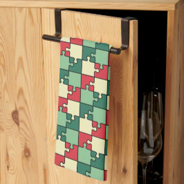 Paño De Cocina Patrón de rompecabezas geométrico verde rojo