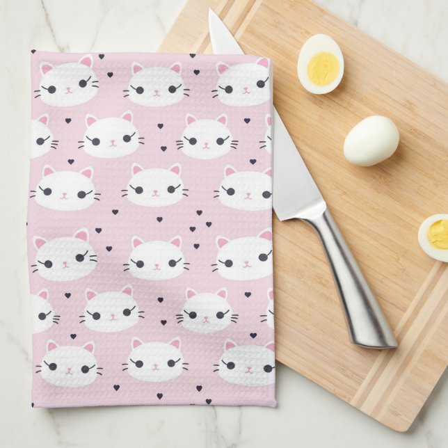 Paño De Cocina Patrón de rostro de gato blanco de Kawaii en rosa (Doblado Cuarto)