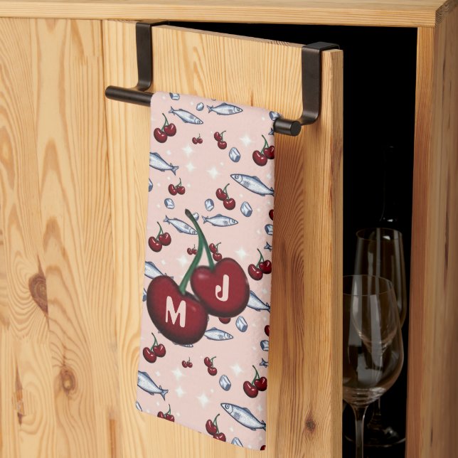 Paño De Cocina Patrón de sardinas de cerezas monogramadas (Pliegue de tercios)
