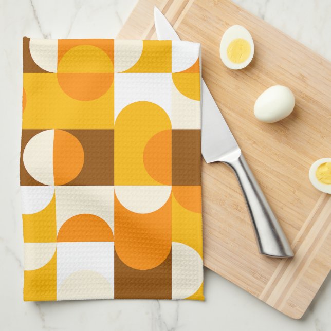 Paño De Cocina Patrón de semicírculos marrón blanco naranja amari (Doblado Cuarto)