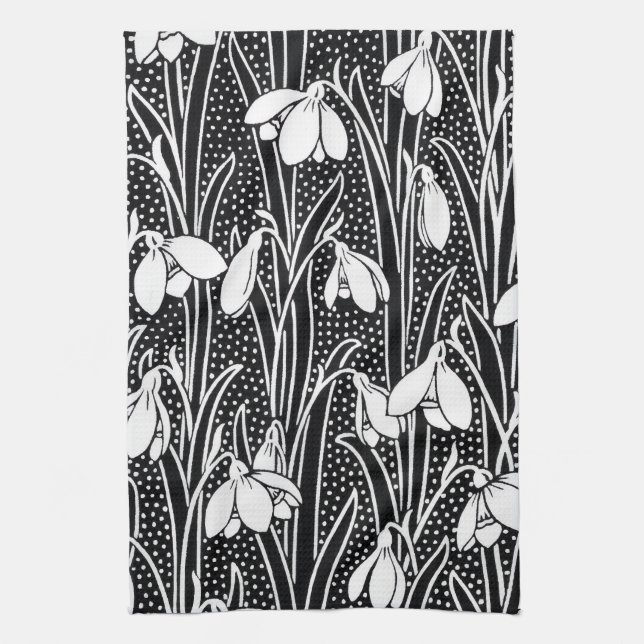 Paño De Cocina Patrón de snowdrop en negro y blanco (Vertical)