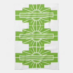 Paño De Cocina Patrón de Sunburst Art Deco en Blanco y Lime