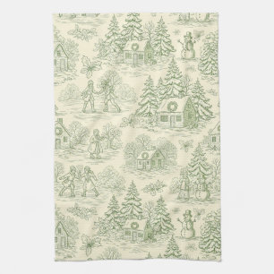 Paño De Cocina Patrón de toile de Aldea Invernal Verde Suave