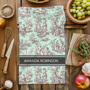 Paño De Cocina Patrón de Toile de Jouy de menta negra francesa