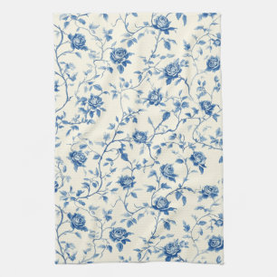 Paño De Cocina Patrón de Toile Floral Vintage Azul (3)