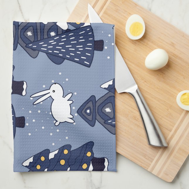 Paño De Cocina Patrón de vacaciones de árbol de Navidad azul mari (Doblado Cuarto)