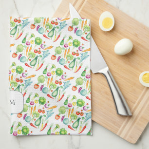 Paño De Cocina Patrón de verduras acuarela monogramado
