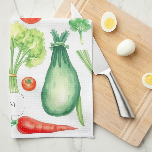 Paño De Cocina Patrón de verduras acuarela monogramado (Doblado Cuarto)