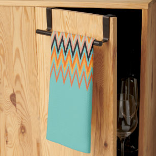 Paño De Cocina Patrón de zigzag amarillo naranja en Verde azulado