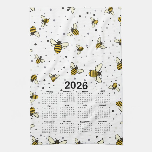 Paño De Cocina Patrón del calendario 2026 con abejas y puntos (Vertical)