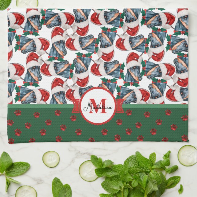 Paño De Cocina Patrón Doberman Monograma Navidad Perro (Doblado)