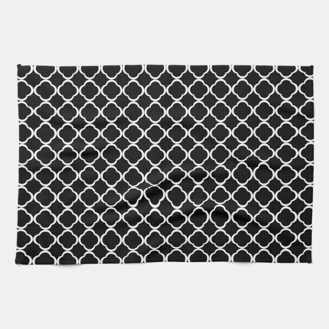 Paño De Cocina Patrón elegante de cuatrefoil blanco y negro (Horizontal)