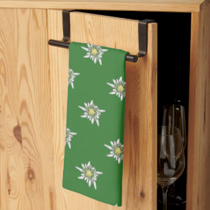 Paño De Cocina Patrón elegante de edelweiss sobre fondo verde
