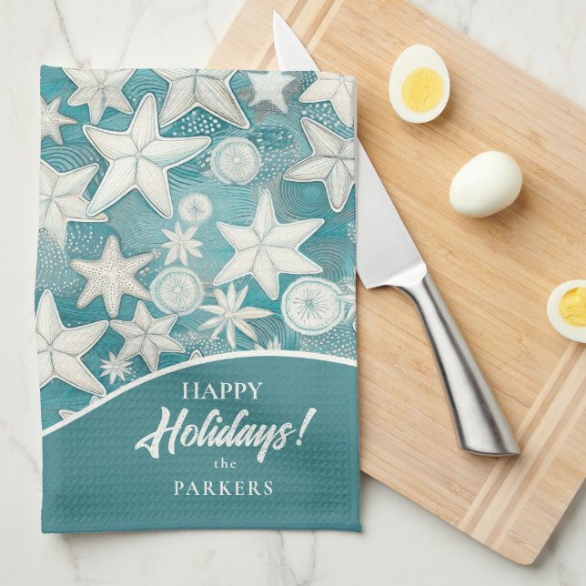 Paño De Cocina Patrón estilizado de Starfish & Sand Dollars#25 ID (Doblado Cuarto)