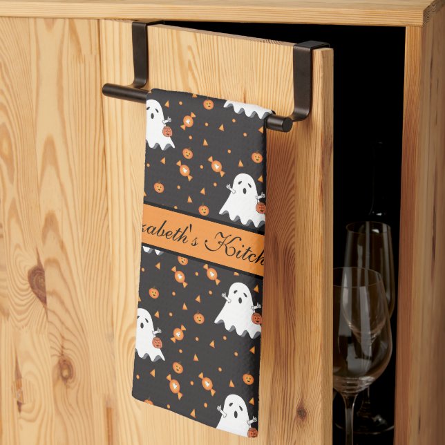 Paño De Cocina Patrón fantasma de Halloween personalizado negro (Pliegue de tercios)