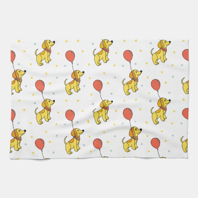 Paño De Cocina Patrón feliz de perros con globos (Horizontal)