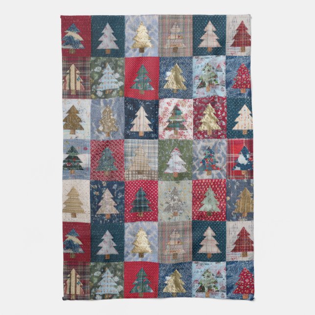 Paño De Cocina Patrón festivo de árbol de Navidad en patchwork (4 (Vertical)