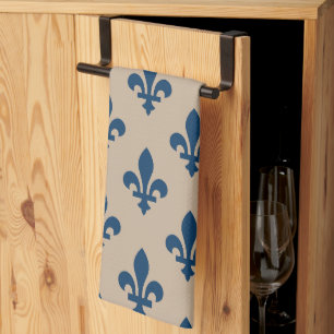 Paño De Cocina Patrón Fleur de Lis, azul francés real en crema