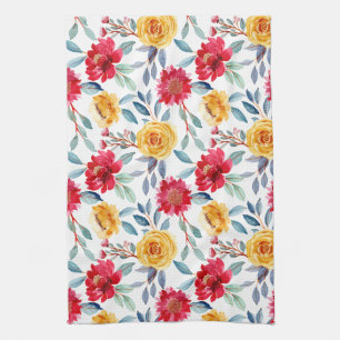 Paño De Cocina Patrón floral alegre de acuarela en rosa amarilla
