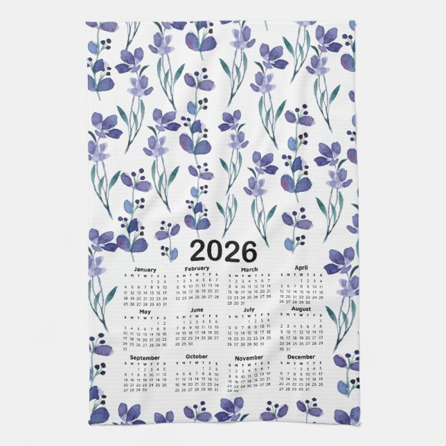 Paño De Cocina Patrón floral azul acuarela del calendario 2026 (Vertical)