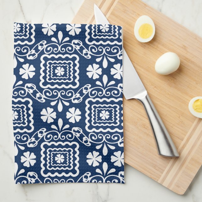 Paño De Cocina patrón floral azul blanco retro sesenta (Doblado Cuarto)