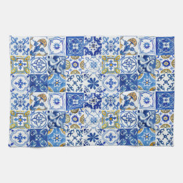 Paño De Cocina Patrón floral azul, blanco y amarillo mediterráneo