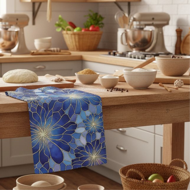 Paño De Cocina Patrón Floral Azul Oro Moderno (Subido por el creador)