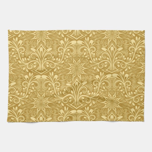 Paño De Cocina Patrón floral barroco de Damasco dorado (Horizontal)