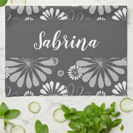 Paño De Cocina Patrón floral blanco y gris