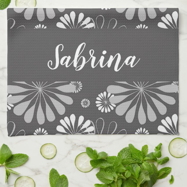 Paño De Cocina Patrón floral blanco y gris (Doblado)