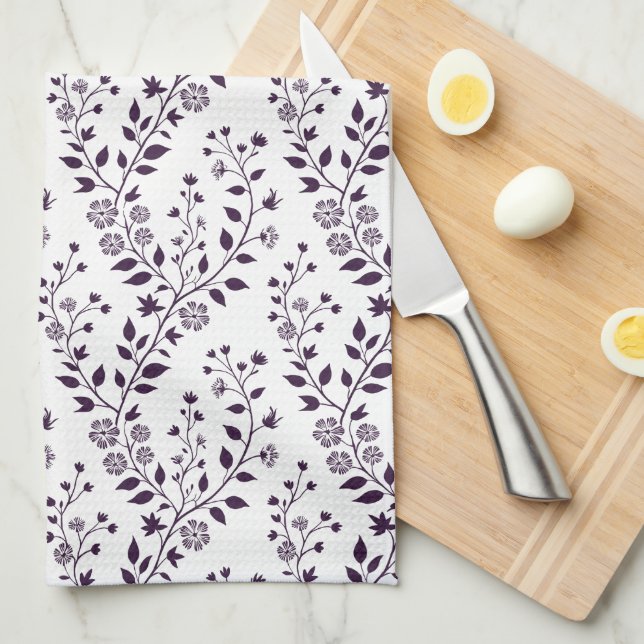 Paño De Cocina Patrón floral boho moderno ciruela blanco (Doblado Cuarto)