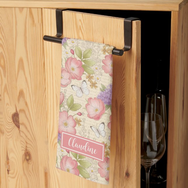 Paño De Cocina Patrón floral botánico rosa elegante (Pliegue de tercios)