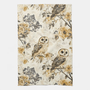 Paño De Cocina Patrón floral Cottagecore de búho beige