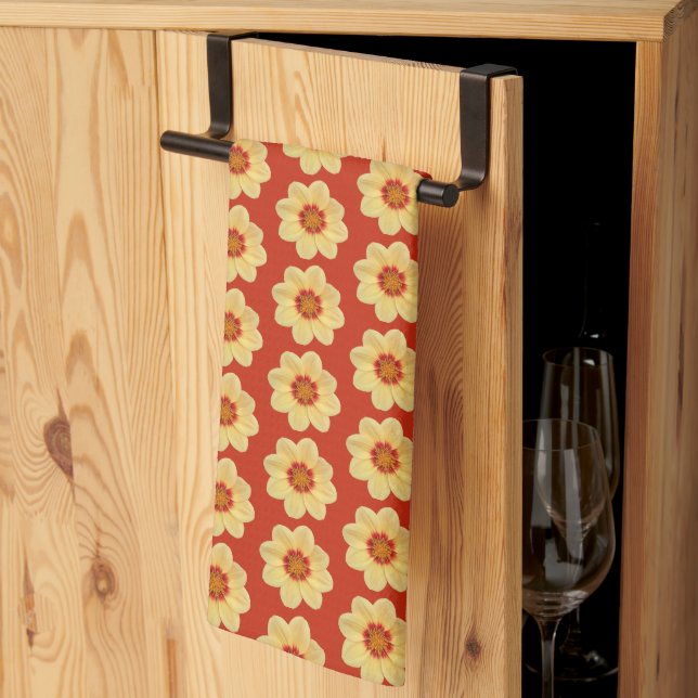 Paño De Cocina Patrón floral Dahlia amarillo en rojo (Pliegue de tercios)