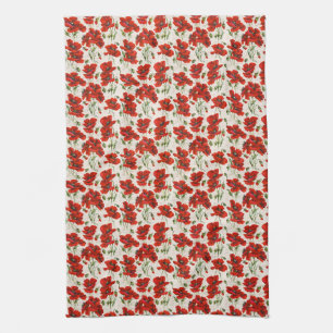 Paño De Cocina Patrón Floral de Amapola Roja Vintage Arte Botánic